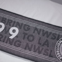 Load image into Gallery viewer, Close up of Bring NWSL to LA text in background of scarf.
