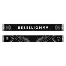 Load image into Gallery viewer, Inaugural scarf pictured against white background. Black, grey, and white scarf features &quot;REBELLION 99&quot; , crest, and &quot;Bring NWSL to LA&quot; on one side with geometric wings, &quot;R99&quot;, &quot;MMXX&quot;, and the California poppy flower on the reverse side. Background design of scarf features geometric Art Deco embellishments.
